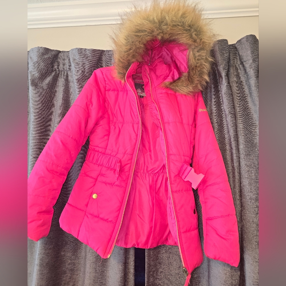 Pink Kids Jacket with Faux Fur Hood